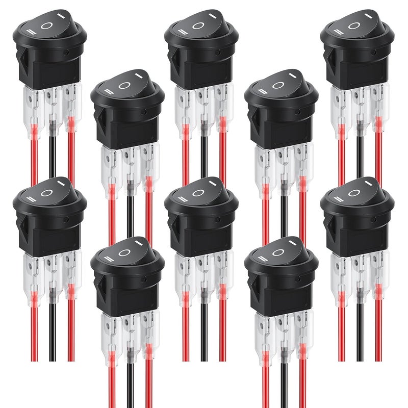 DMTVAL 10Pcs 12V Round Rocker Switch Kit, 3 Pin 3 Position SPST ON/Off Toggle with Pre-Wired Leads, Rated 6A/250V 10A/125V, for Car, Boat, Marine, RV - Image 1
